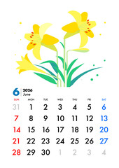 2026年, カレンダー,6月,百合