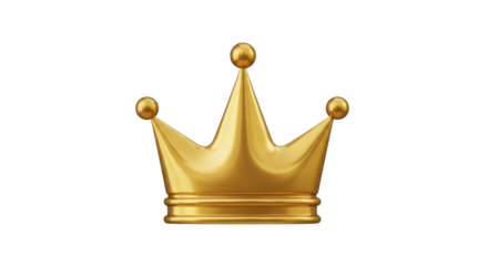 A shiny golden crown with three prominent points, symbolizing royalty, power, and achievement, isolated on a clean white background.