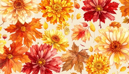 Seamless watercolor illustration of autumn florals — marigolds, chrysanthemums, and maple leaves in burnt orange and deep red.