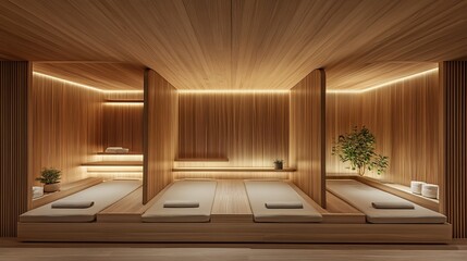 Fototapeta premium Serene spa interior with wooden beds, walls, and soft lighting, creating a calming atmosphere