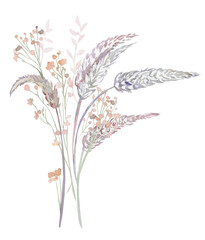 bush of grass painted with watercolor flowers an element for creating textile. High quality photo