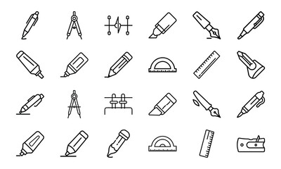 Stationery and Drawing Tools Icons Set – Outline Collection of Pen, Pencil, Compass, Ruler, Protractor, Sharpener, Marker and Fountain Pen Line Art for School, Office and Design