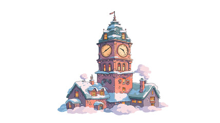 Whimsical Retro Winter Illustration of a Snow-Covered Clock Tower Village