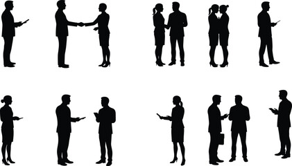 Business people silhouettes shaking hands, talking, using tablet and laptop, professional men and women in formal wear vector set