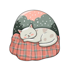 Cute white cat curled up asleep on a plaid blanket in winter