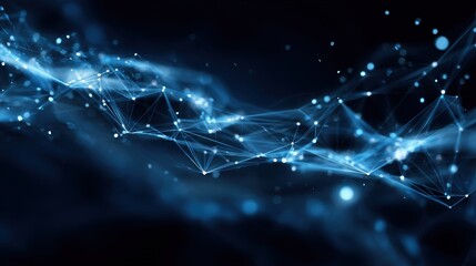 Glowing blue plexus network of connected dots and lines against a dark, futuristic background.