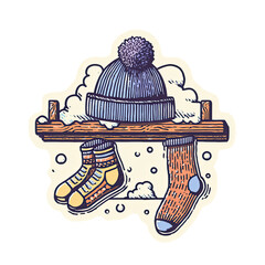 Retro Illustration of Knitted Hat and Socks on Snowy Shelf