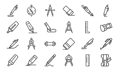 Stationery and Drawing Tools Icons Set – Outline Collection of Pen, Pencil, Compass, Ruler, Protractor, Sharpener, Marker and Fountain Pen Line Art for School, Office and Design