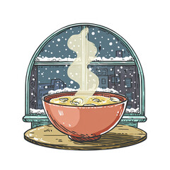 Steaming hot soup bowl by snowy window in retro vintage sticker illustration