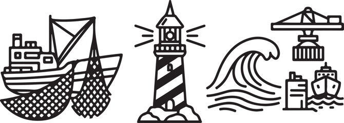 Line art collection of marine, fishing, and shipping industry symbols