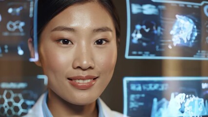Asian woman working with technology interface, futuristic science, technology, research, analysis, data, female scientist using virtual interface, science, data analysis. - Powered by Adobe
