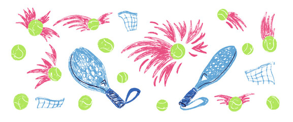 Padel tennis crayon textured set. Rackets and balls, net hand drawn doodle isolated on white background. Scribble sport equipment kids elements. Vector fitness and hobby illustration by pencil.