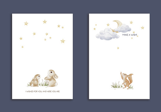 Editable greeting card template set with watercolor animals and minimalist design