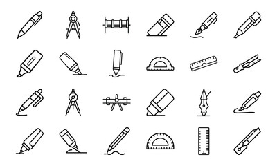 Stationery and Drawing Tools Icons Set – Outline Collection of Pen, Pencil, Compass, Ruler, Protractor, Sharpener, Marker and Fountain Pen Line Art for School, Office and Design