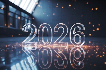 Shimmering transparent 2026 numbers glow with festive sparks and reflections in a modern, atmospheric space