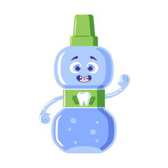 A cute kawaii mint mouthwash character with bright eyes and a joyful expression. fresh mint leaves and bubbles, promoting freshness and fun in oral care. Perfect for health products.