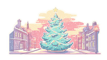 Naklejka premium Retro Christmas Town Illustration with Glowing Tree and Snowfall