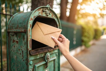 Feminine hand holding a kraft paper envelope halfway inside a vintage green metal mailbox