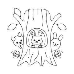 Cute woodland animals peeking from a tree trunk on a white background Keywords: animals, woodland, cartoon, illustration, tree, trunk, hollow, rabbit, bunny, cat, kitten, peeking, hiding, cute