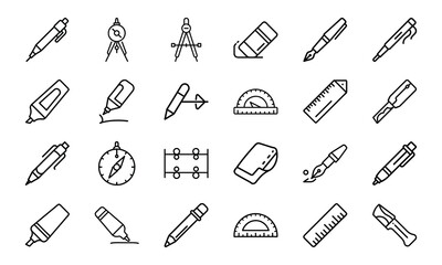 Stationery and Drawing Tools Icons Set – Outline Collection of Pen, Pencil, Compass, Ruler, Protractor, Sharpener, Marker and Fountain Pen Line Art for School, Office and Design