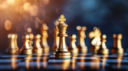 Gold Chess King Piece on a Chessboard with Blurred Pieces in Background and Warm Lighting