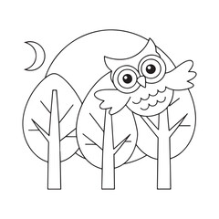 Cartoon owl perched on a tree branch at night with a crescent moon Keywords: owl, cartoon, night, moon, crescent moon, tree, forest, nature, nocturnal, animal, bird, wise, cute, illustration