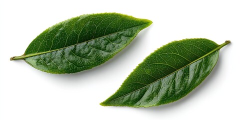Fototapeta premium Two fresh green tea leaves, top view, isolated on white