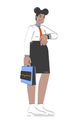 Corporate black woman wristwatch checking time with briefcase 2D doodle character. African american office lady punctual cartoon person vector drawing isolated on white. Hand drawn illustration