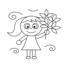 Cute cartoon girl with a wavy ponytail holding a branch with leaves, surrounded by swirling lines in black and white outline