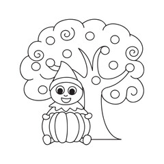 Whimsical cartoon elf character sitting under a stylized fruit tree with swirling branches and round fruits in black and white outline