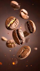 Coffee beans in mid-air against a dark background