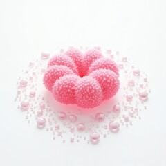 Fototapeta premium A vibrant pink flower shaped gummy candy surrounded by sparkling sugar crystals and small candies