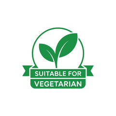 Green vegetarian food label with leaves and ribbon