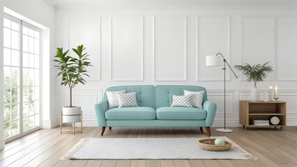 Fototapeta premium Minimalist modern living room with pastel blue sofa, wooden side table, white wall, indoor plant, pendant light, and chest of drawers