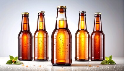 Five beer bottles on a table