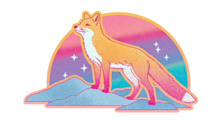 Stylish red fox on snowy peaks under a vibrant rainbow aurora night sky.