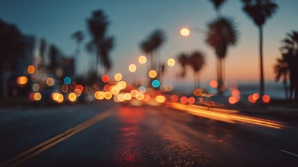 A blurred city street scene at dusk with palm trees and colorful bokeh lights. The road reflects the warm hues of sunset.