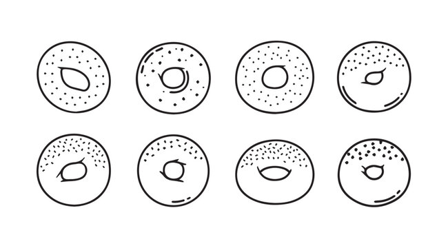 Collection of eight hand drawn bagel silhouettes with various seed toppings