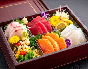 Vibrant sashimi bento box with floral garnish.