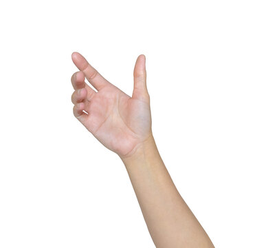 An empty woman's hand gestures holding a phone or something isolated on white background
