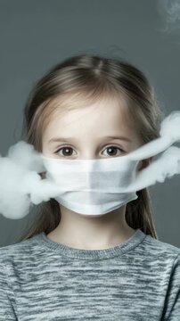 Young child wearing a white face mask enveloped by dangerous tobacco smoke, illustrating passive inhalation health risk, silent air pollution, and child endangerment.