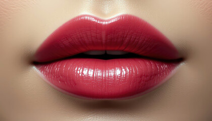 Obraz premium Close-Up of Glossy Red Lips Depicting Feminine Beauty and Sensual Elegance.