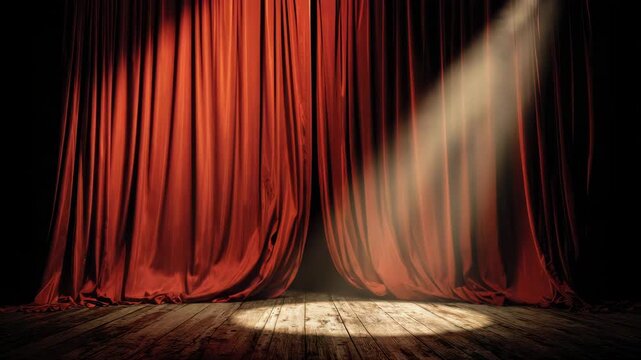 Theater stage with red curtain, spotlight on wooden floor, dramatic scene setup, performance background, classic stage lighting, showtime atmosphere
