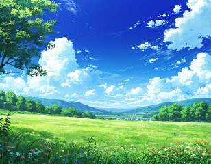 Green lawn and blue sky. Summer landscape. Bright colors