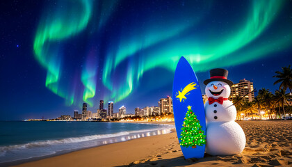 Snowman with surfboard standing on sandy beach against the backdrop of night city illuminated by northern lights on Christmas Eve, copy space for advertising seaside vacation and surfing