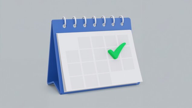 Desktop calendar with a green checkmark on a blank page signifying completion or important date