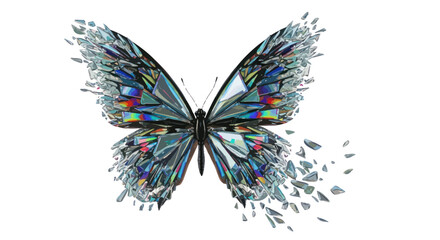 Iridescent fragmented butterfly design on a clean white background artistic expression