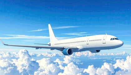 Fototapeta premium Aerial View of White Airplane Flying Above Fluffy White Clouds Under a Bright Blue Sky with Pixelated Effect