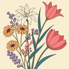 Minimilist illustration of a floral arrangement featuring tulips, daisies, lily and lavender blooms on beige background vector