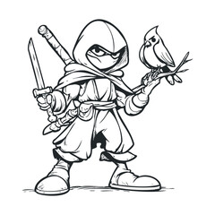 Fototapeta premium A hooded ninja holds a bird on a stick.